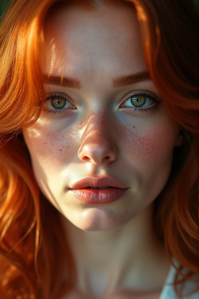 1 woman face, irish redhead , gorgeous long hair, pale skin with freckles,  with little light illuminating his face, ultra details on the face, very beautiful, Half open lips, close up 3/4, VIEW FROM ABOVE, luz outfit, 8K photo quality, Realistic details, ultra definition. 