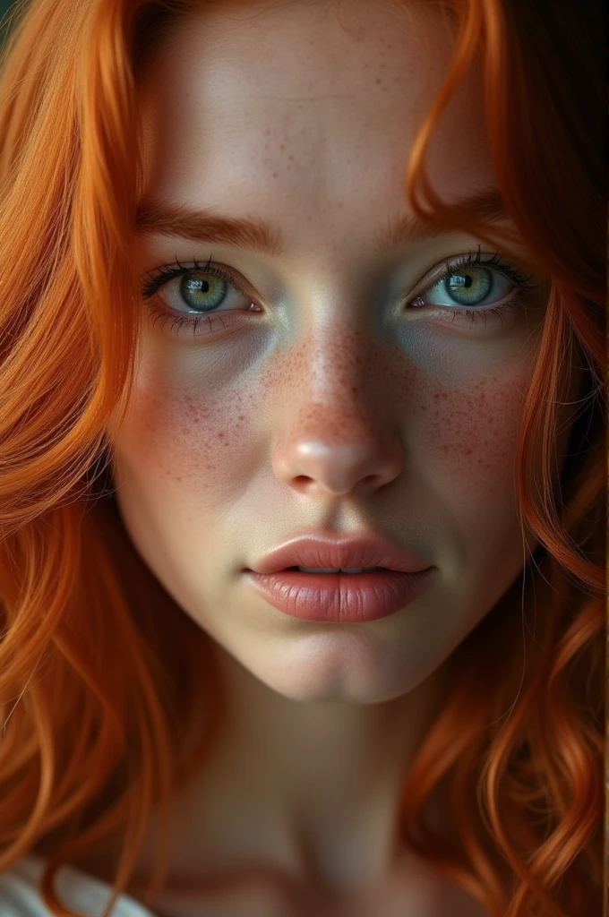 1 woman face, irish redhead , gorgeous long hair, pale skin with freckles, with little light illuminating his face, ultra details on the face, very beautiful, Half open lips, close up 3/4, VIEW FROM ABOVE, luz outfit, 8K photo quality, Realistic details, ultra definition.
