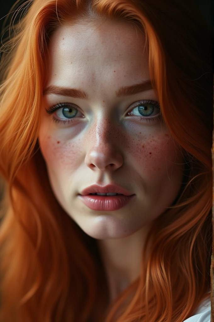 1 woman face, irish redhead , gorgeous long hair, pale skin with freckles, with little light illuminating his face, ultra details on the face, very beautiful, Half open lips, close up 3/4, VIEW FROM ABOVE, luz outfit, 8K photo quality, Realistic details, ultra definition.
