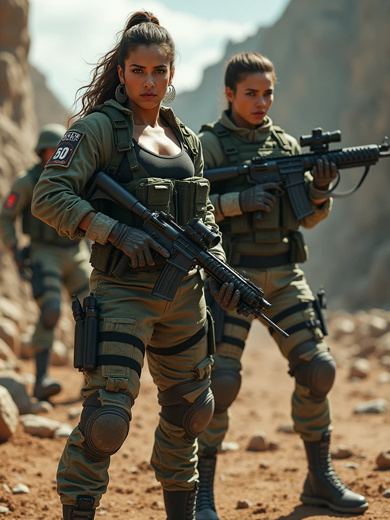 dynamic pose, two Women soldiers like Megan thee Stallion and Serena Williams with military clothing with machine guns and rocket launchers, capturing her in a slightly high angle that emphasizes her larger-than-life presence, labeled as female Konami Contra. Realistic photo style.