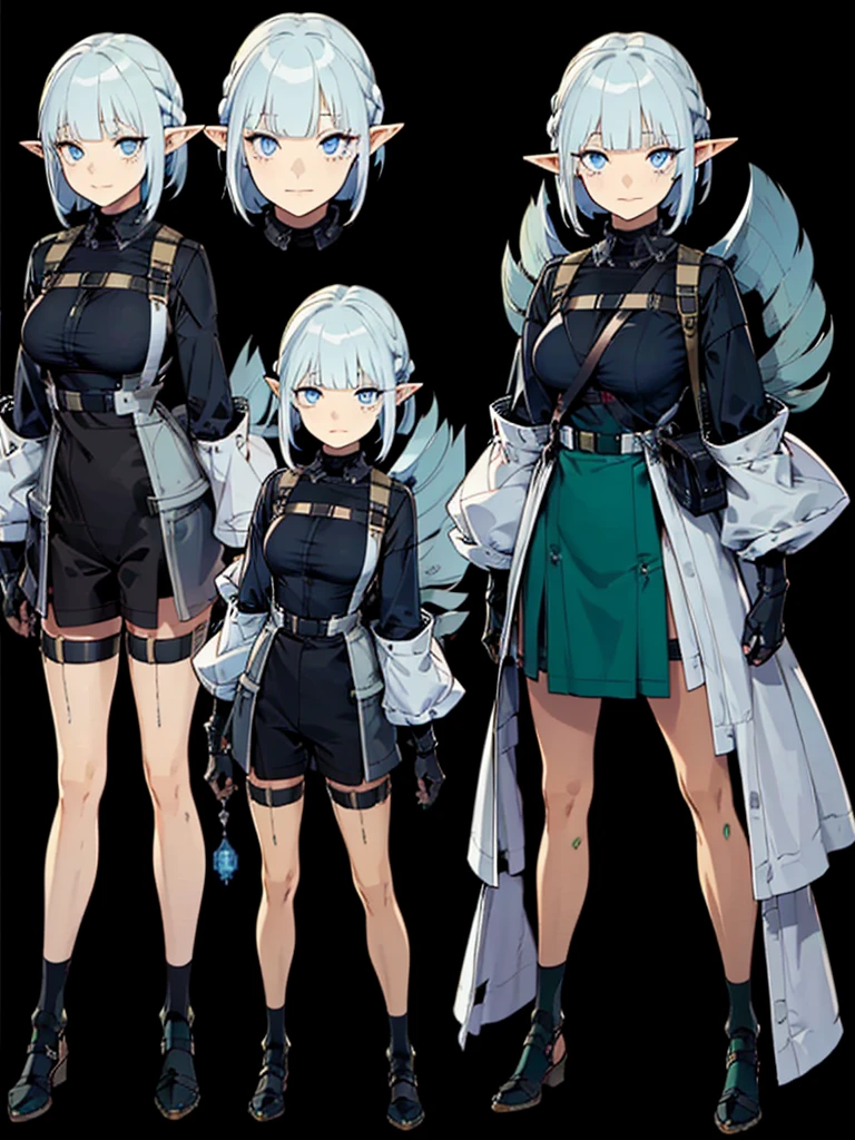 Black Background, Pointed Ears、Elf、blue eyes、Green casual clothing、Long eyelashes、Silver braided short hair、Full body painting、Character table(Mr.々Expression)