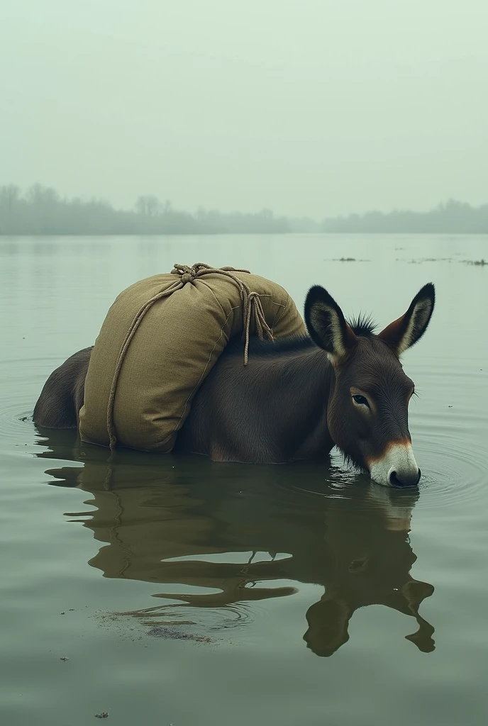 A donkey carrying a sack on its back The donkey is lying in a lot of water and the sacks are untied