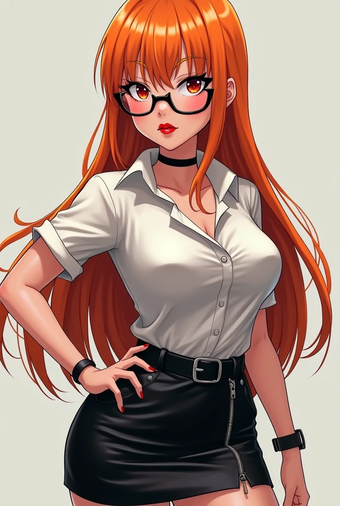 My hero academia style anime girl with very straight orange hair and red eyes with long eyelashes big lips, with glasses, a tight shirt and a curvy black leather skirt