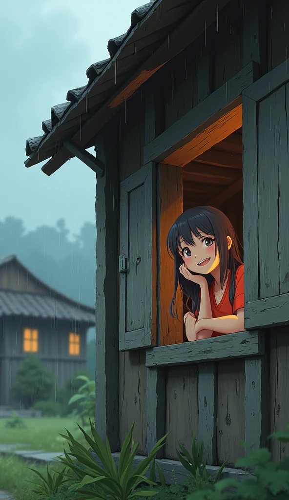 2D anime a old wooden rough house , a girl with happy face looking farward through open window, right side angle , rainy cloudy weather