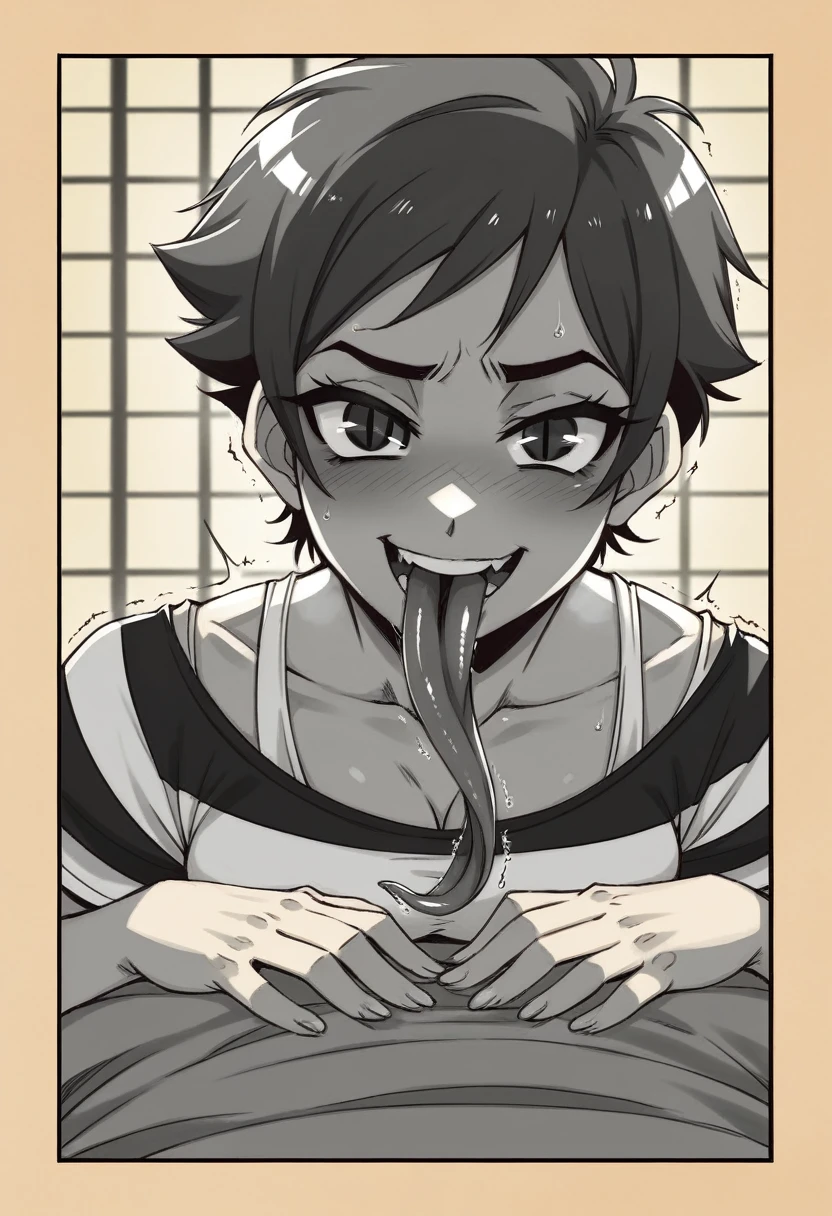 {{ Connie Maheswaran}}, sensual woman, seductive, trembling ???????,   {{Bucher (mangaka), Murakami Teruaki}},{{fizrotart}}, the same,  sensual shot,  Ohrreiben POV , hyper-detailed character traits, perfect anatomy, perfect face,perfect hands,perfect physique,  photorealistic lineart, highly detailed animation, Hyper-Resolution-Cel-Shading, Anime-Screencap, best quality, expressive eyes, hyper-hdr, 8k, uhd, hyper absurdres, Hyperaesthetics, hyper detailed background, dynamic shading, seductivee Perspektive, Sensual angle, sensual core, black mesh jersey, Fishnet stockings,  Prison cellmate, evil smile, black eyes, Slit eyes, open mouth, long tongue