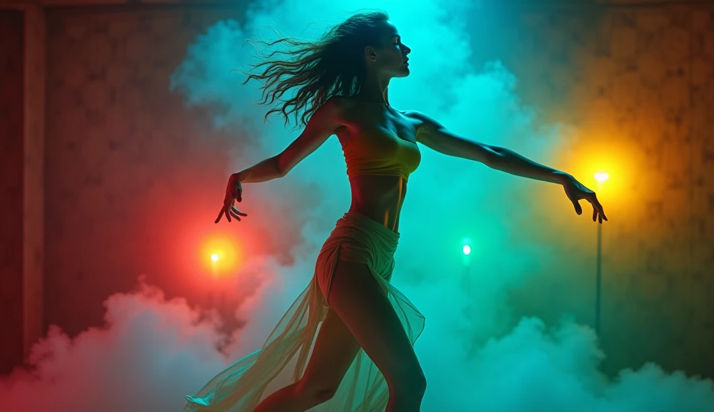 (masterpiece, best quality:1.2), (woman dancing alone in a dimly lit room:1.3), (fluid and expressive movements:1.3), (initially dark environment with subtle shadows:1.2), (vibrant colors emerging around her:1.3), (soft glows gradually growing brighter:1.3), (room filled with vivid hues:1.4), (red, blue, green, yellow colors radiating from her presence:1.4), (dynamic, colorful environment transformation:1.3), (camera closely following her movements:1.2), (contrast between dark beginning and vibrant transformation:1.3), (determined and confident expression:1.3), (8K, ultra-detailed, hyper-detailed, RAW photo quality, Unreal Engine rendering:1.3)