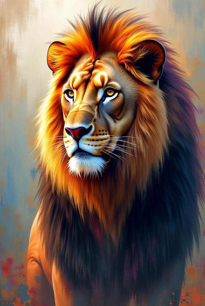 Image of an abstract lion with many colors that looks aesthetically beautiful to put in a painting, that is not hyper realistic but not completely animated either