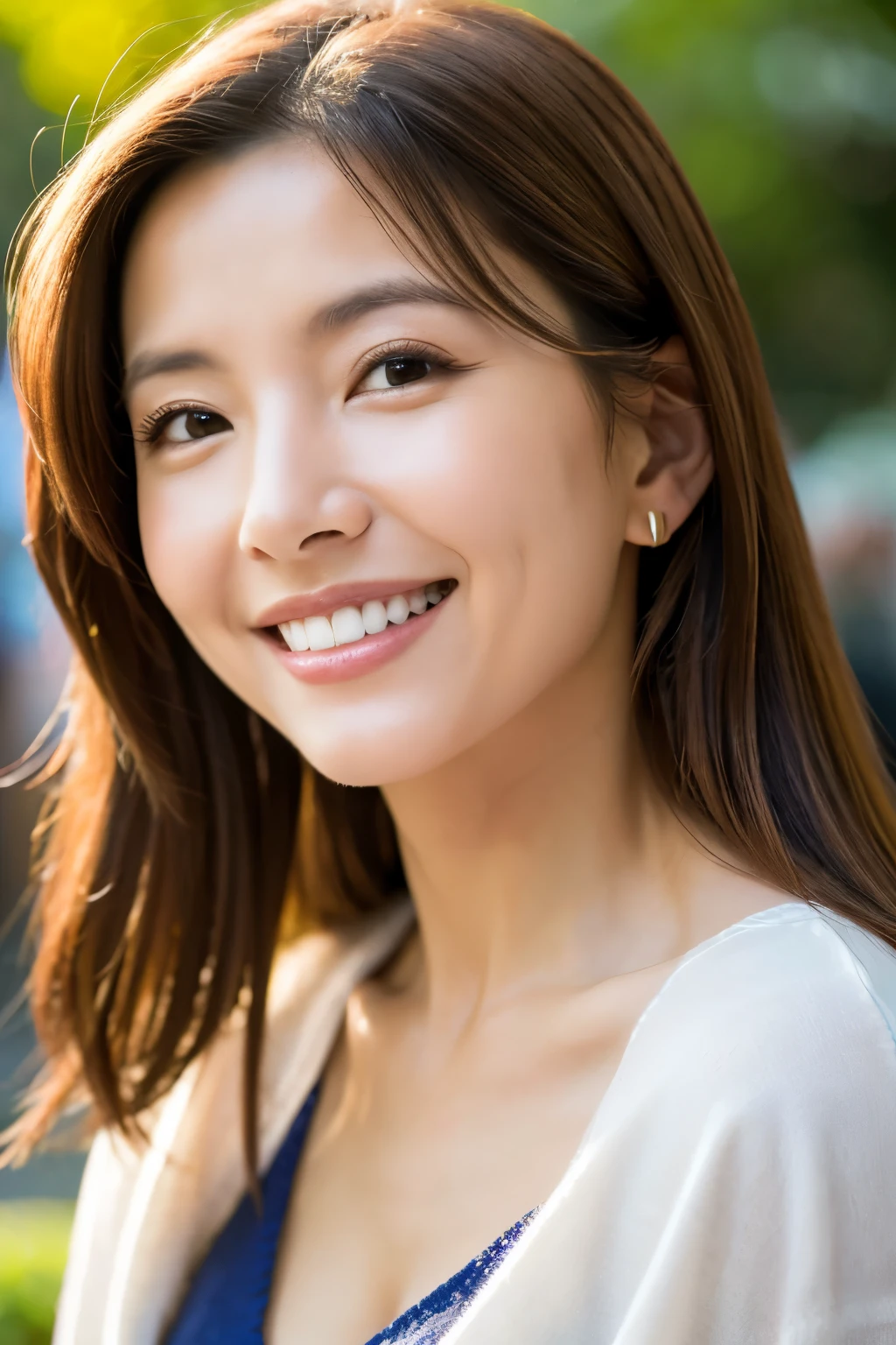 最high quality, In 8K, Masseter region, Real, Sharp focus, high quality, High resolution, Detailed face, Detailed eyes, Thick lips, Background Blur, alone, Middle-aged women, , 5, , Wavy Hair, Cleavage, Wearing a plain short-sleeved knit, Afternoon in front of the park garden, Wrinkles around the eyes, Smiling with teeth showing