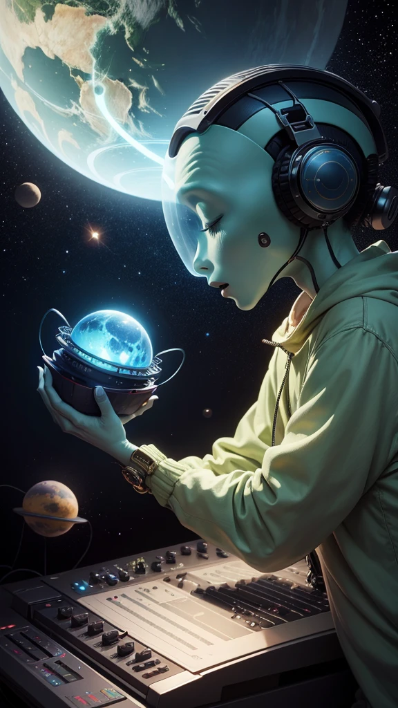 An alien plays music on his planet and sings, stars and planets observe him