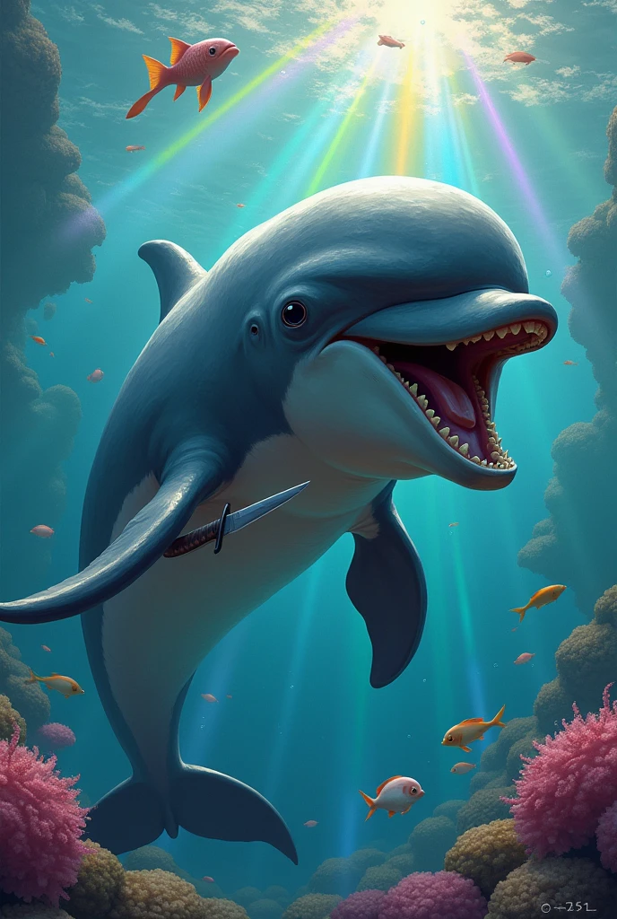 An image of an angry dolphin with a knife, out in the sea with lots of colors and rainbows