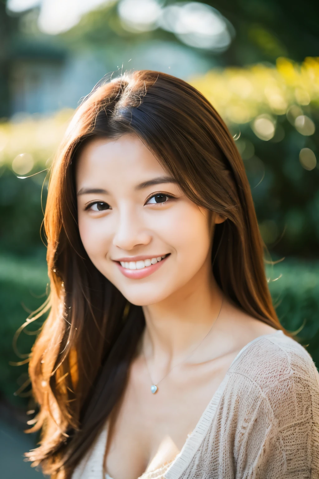 最high quality, In 8K, Masseter region, Real, Sharp focus, high quality, High resolution, Detailed face, Detailed eyes, Thick lips, Background Blur, alone, Middle-aged women, , 5, , Wavy Hair, Cleavage, Wearing a plain short-sleeved knit, Afternoon in front of the park garden, Wrinkles around the eyes, Smiling with teeth showing