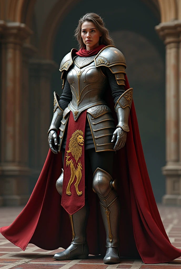 The realistic image is of a superhero mother, in medieval warrior style, with a two-tone medieval cape, being that in one of the colors there is a beautiful lion printed and in the other half, in the other color there is a court jester printed.