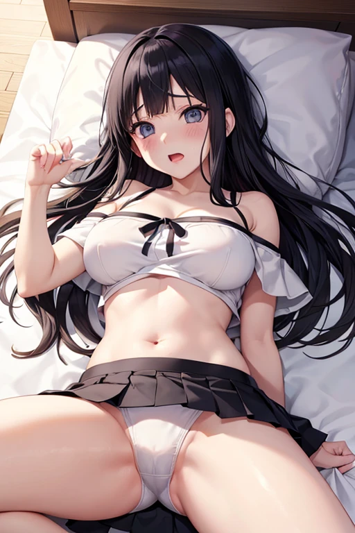 naruto、Hinata、Black hair straight、Spread your legs、High resolution, Lying on your back、Big Breasts、Open your mouth、Blushing、White underwear、Pleated mini skirt、Off the shoulder、