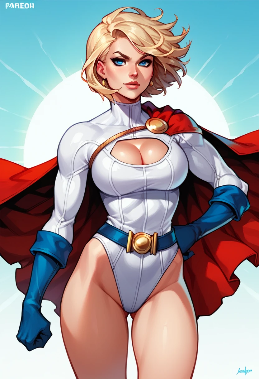 powergirlSDXL,1girl, short hair, blue eyes, blonde hair, large breasts, gloves, cleavage, thighs, belt, cape, leotard, lips, clothing cutout, highleg, cleavage cutout, highleg leotard, white leotard, red cape, blue gloves, superhero