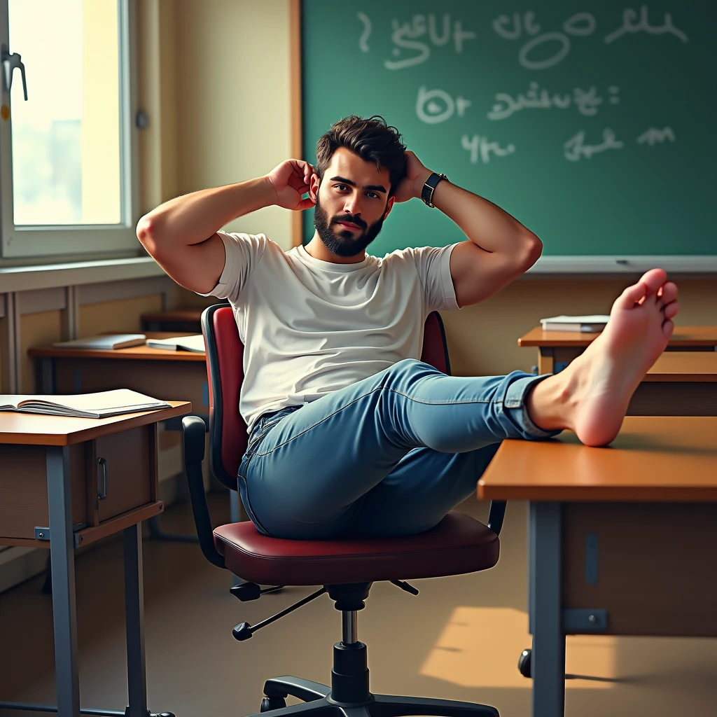 marvel art, a 30 year old iranian attractive fit male teacher, sat on the chair with feet up on the desk relaxing hand behind hear, sweaty armpit, inside class, shoeless, wearing sheer socks