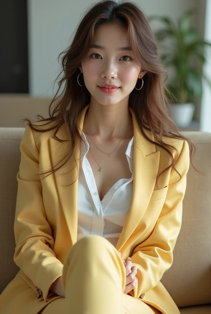 Best quality at best, realistically, ultra - detailed, Detailed pubic hair, A high resolution, 8K wallpaper, 1 Beautiful korean young woman, pink wet lips, light brown messy long hair, Wear a light yellow office suit with dark blue short skirt, white shirt inside the suit, Perfect dynamic composition, beautiful eyes, Delicate hair, Detailed realistically skin texture, Smiling, closeup portrait, sexy body, background the Hotel reseption, blurred background, (full body shot:1.3), Shooting from a long distance from below, (Random body direction), sitting legs crossed, 1 leg on other leg, front view, on white office, on comfortable beige sofa, showing off her sexy legs