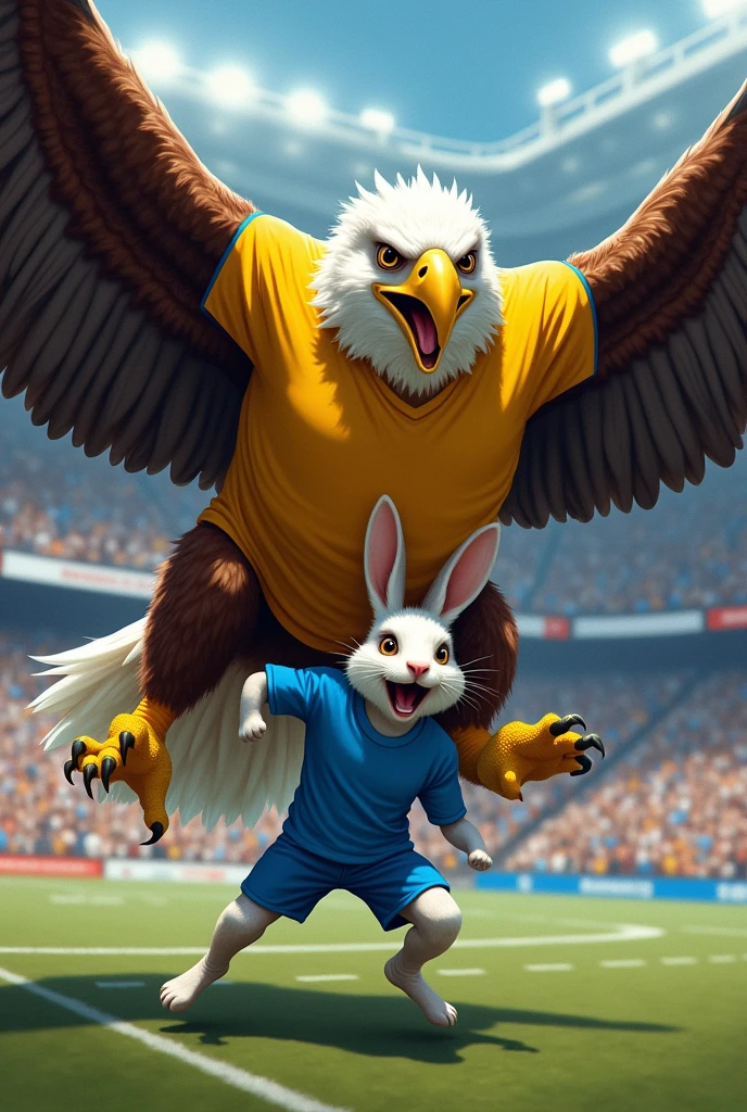 Muscular eagle in a yellow shirt devouring a rabbit in a blue shirt in a football stadium