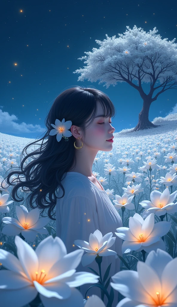 1girl, Solo, High Resolution, Masterpiece, Accurate, Best Quality, Award Winning, Long Hair, Black Hair, Curly Hair, Crescent Earrings, Closed Eyes, Light Smile, Tearing Up, POV, Multiple Views, Hair Flower, Sparkle, Bloom, Blending, standing in the middle of the white plumeria flied, night, fireflies,Feet Out Of Frame, anime, donghua, myth, can see the night view and a big plumeria field, girl looking small from far away, From Above, Fisheye,