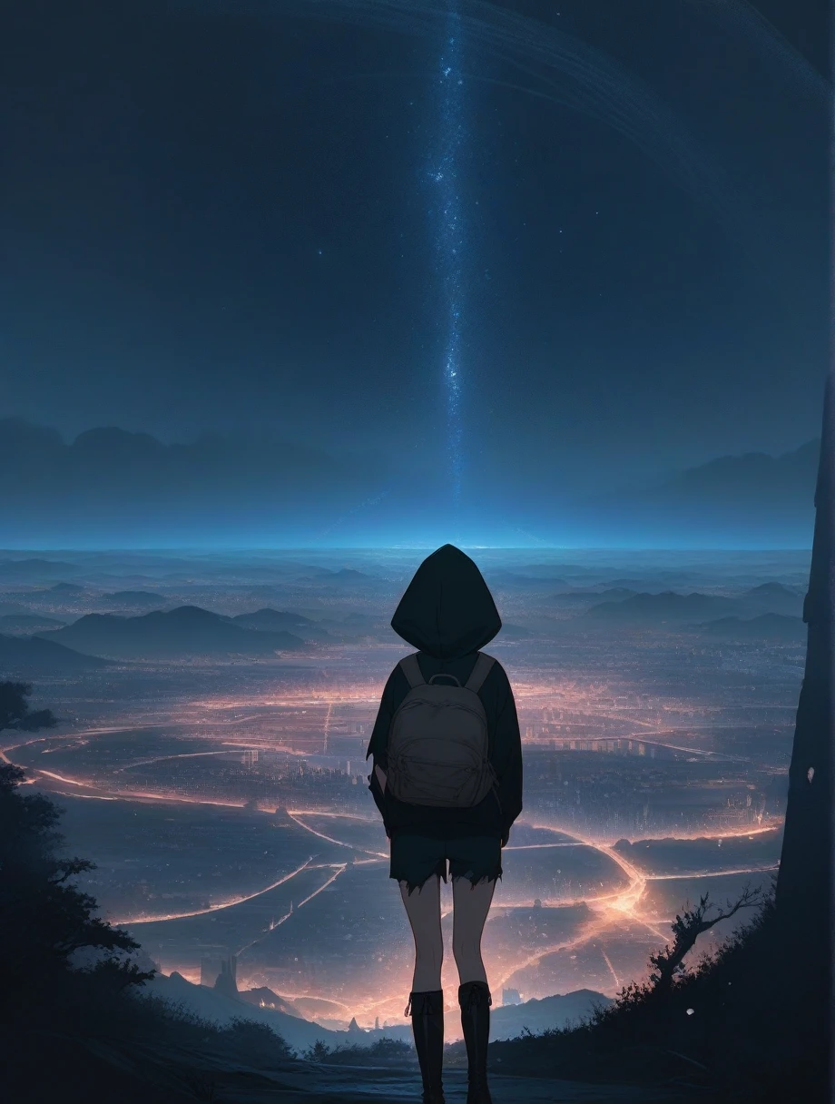 score_9, score_8_up, score_7_up, score_anime, masterpiece, top quality, delicate illustration, sharp lines, sharp focus, BREAK, a traveling girl wandering in the endless night world, the girl wears a hood and has a lot of stuff in her backpack, night , fantastic landscape, beautiful scenery, harmony with nature, spectacular view, futuristic city, (((torn clothes))), (((torn hood))),shorts,boots