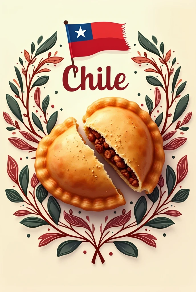Fried meat empanada in the center of the image and decorated around it with a design of Chilean national holidays