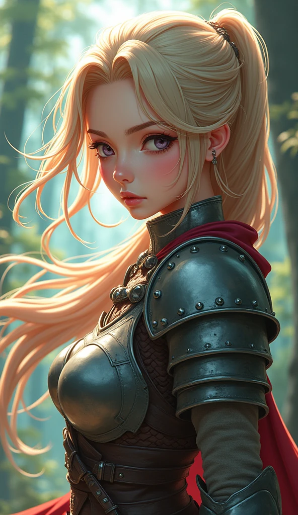 Anime-style masterpiece, vibrant heroine, one eye enchantingly closed, displaying confidence and power, female hunter exuding boldness, flowing ash blonde hair cascading elegantly down her back, textured and detailed strands accentuating movement, adorned in intricately designed armor blending classic knightly attributes with modern anime flair, subtle patterns reflecting her adventurous spirit, the dynamic pose illustrating readiness for action highlighting her hunter's agility, captivating features framed by a delicate expression, soft highlights enhancing her mysterious aura, surrounding hints of lush forest or ethereal battleground setting evoking a sense of depth and adventure, vivid yet harmonious color palette emphasizing the ash blonde complemented by deeper, earthy tones, focusing on the character's determination and strength, artistic  capturing anime styles through exaggerated proportions and whimsical details, clean linework accentuating  expressions and flowing hair, immersive depth created through shaded colors to enhance realism, showcasing a balance between fantasy and anime influences, creating an engaging narrative backdrop that invites exploration and admiration