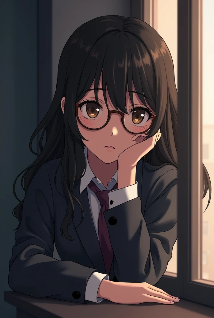 drawing, girl with glasses with almost long black wavy hair, round face, small nose, medium lips, dark complexion, light brown eyes, with Howards uniform leaning against a window frame at Howards