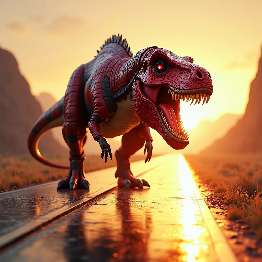 Create a realistic image, design a T rex, a long road, body and face composed of symbiotic elements of deadpool. The image is bright and shiny. T rex is very strong and scary looking