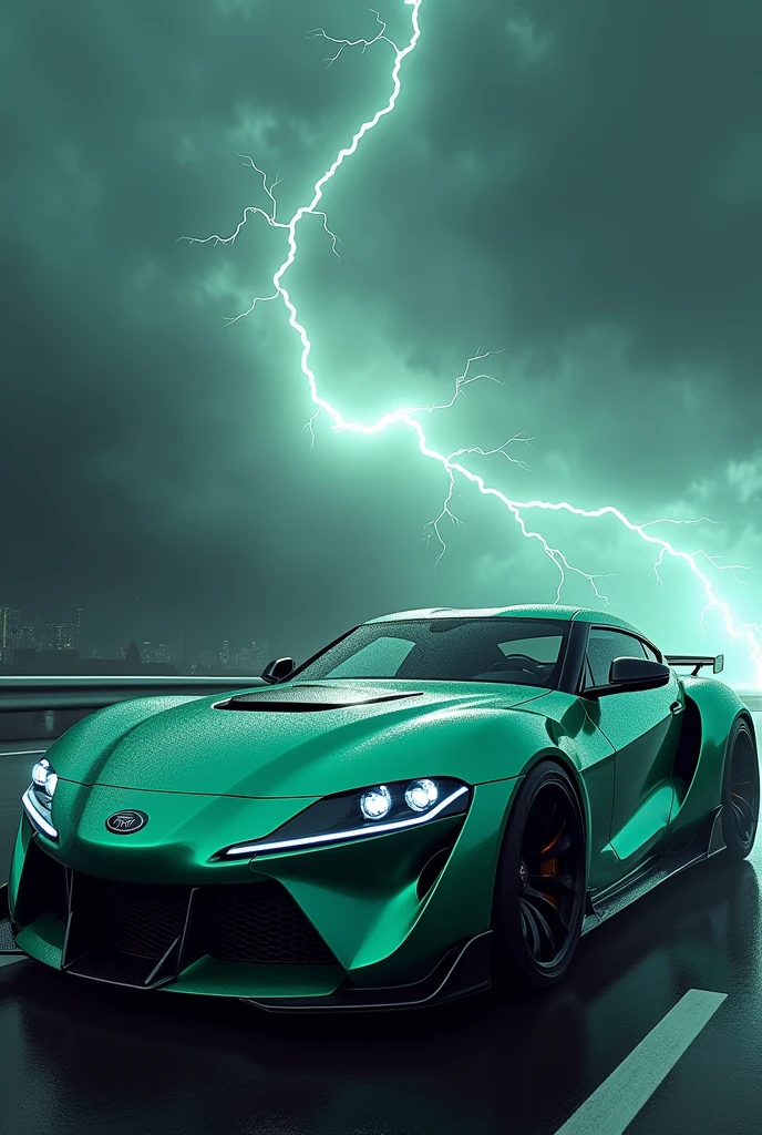 A Japanese sports car with a greenish turquoise background and thunder
