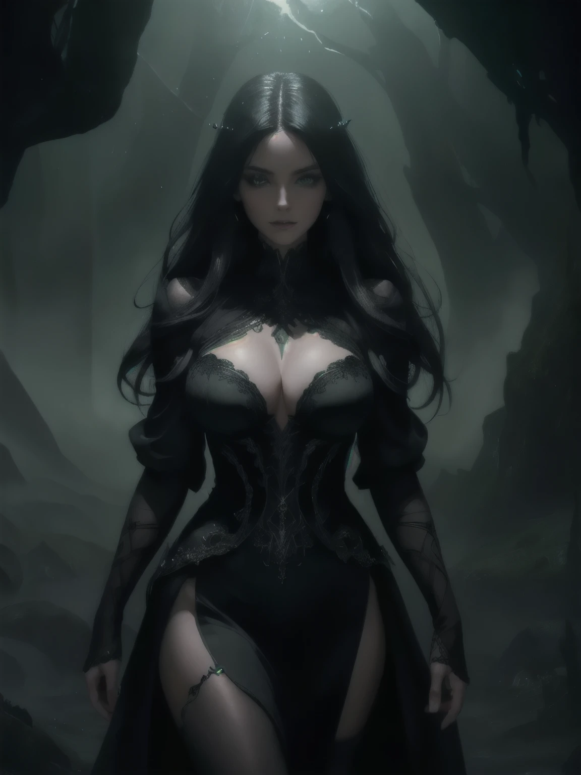 (photorealism, best quality, high details, high-resolution:1.2, masterpiece, 4K), (dark fantasy illustration:1.3), portrait of beautiful female necromancer casting spell in dark desolated cave, green energy magic, ((surrounded by black fog coming form all directions)), woman with simple black hair, hair without ornaments, black colored robes, beautiful face, hourglass body, green eyes, ((greenglowing eyes)), elegant, intricate , hourglass figure, (finely detailed beautiful eyes: 1.2), ((huge breasts)), perfect body, looking at viewer, enchanting gaze, 1gril, full body portrait, cinematic lighting, darkness, dark scene, ((dim light)), mute lighting, super detailed, ultrarealistic, digital photography,