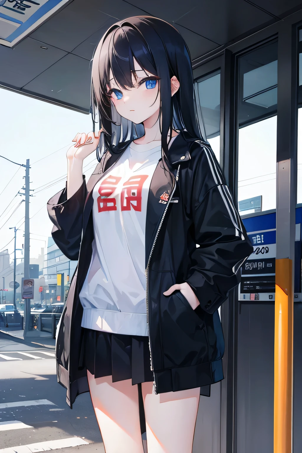 Young Korean Girl, Standing at a Bus stop, Long Black Hair, Poor style Looking at the viewer, Blue eyes, high definition, quality render, 4k