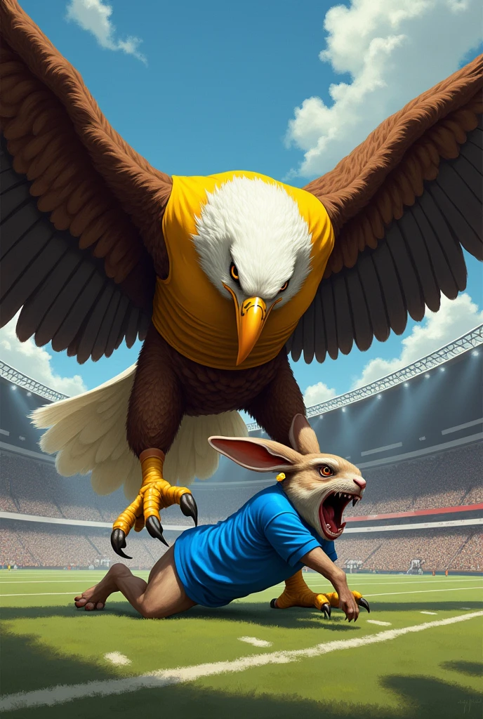 Muscular eagle in a yellow shirt devouring a rabbit in a blue shirt in a football stadium 
