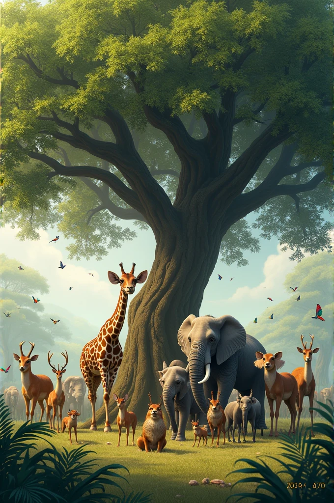 
13. **Jungle Animals Gathering** - "Various animals like deer, elephants, giraffes, and birds are gathered under a large tree, all with peaceful and friendly expressions."
