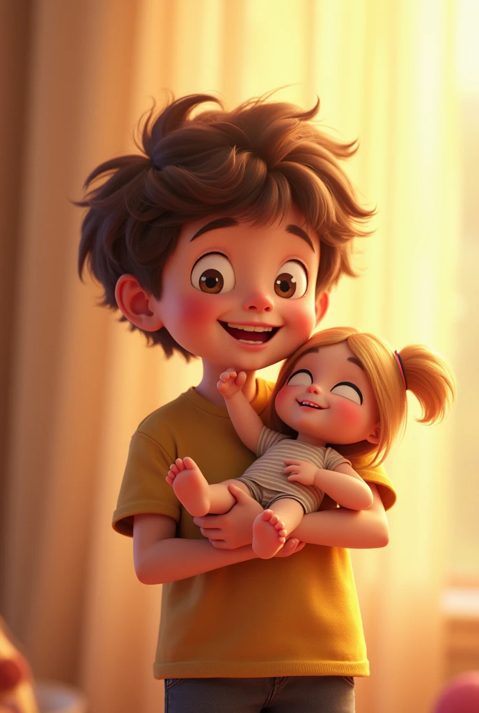“A heartwarming image of a small, joyful boy holding a dull. . The background is a warm, gentle color to reflect the innocence and happiness of the moment. The boy’s face should express joy and excitement as he holds the photo close.”