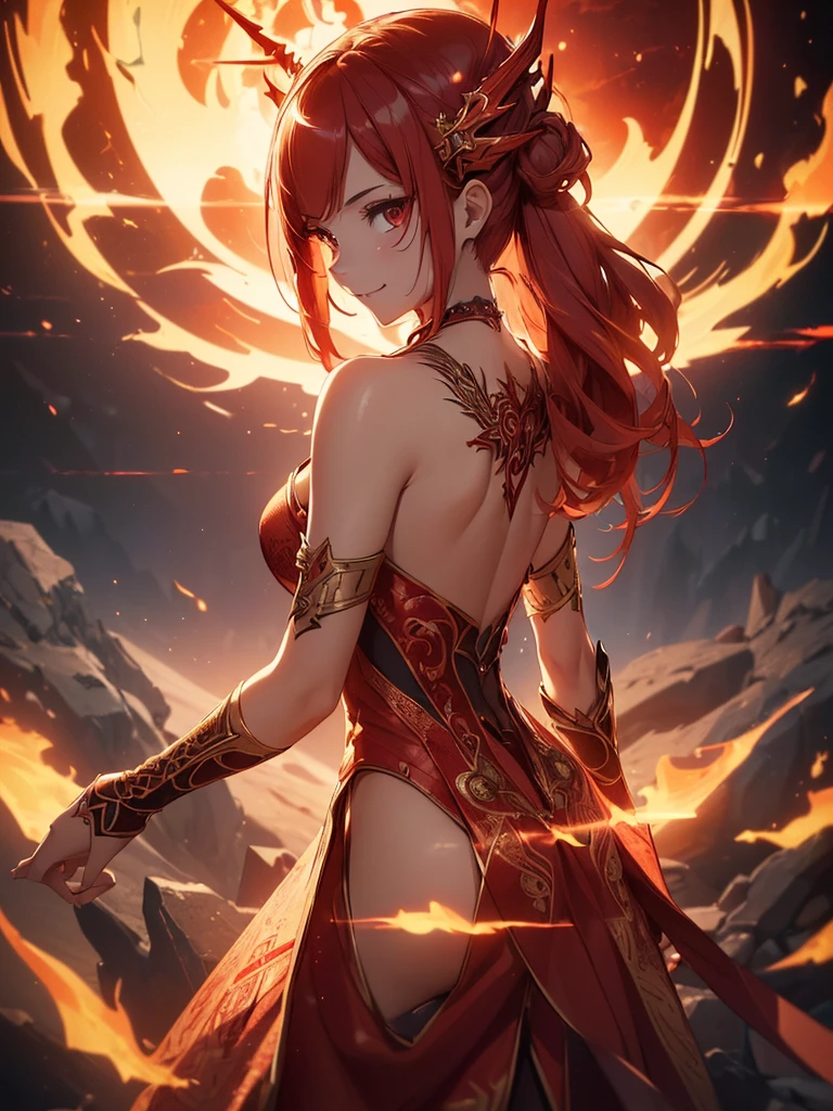 (((best quality, sharp image, clear image, cinematic lighting, 8k resolution, masterpiece, ultra detailed, intricate))) Girl, sorcerer, cute, intricate dress, smiling, fiery red, ((intricate background)), (rune frame), dimension, ((shot from behind)), fire sigils, chaotic background, ((half-body shot))