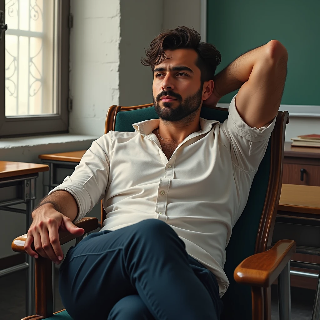 marvel art, a 30 year old iranian attractive fit male teacher, sat on the chair with feet up on the desk relaxing hand behind hear, sweaty armpit, inside class, 