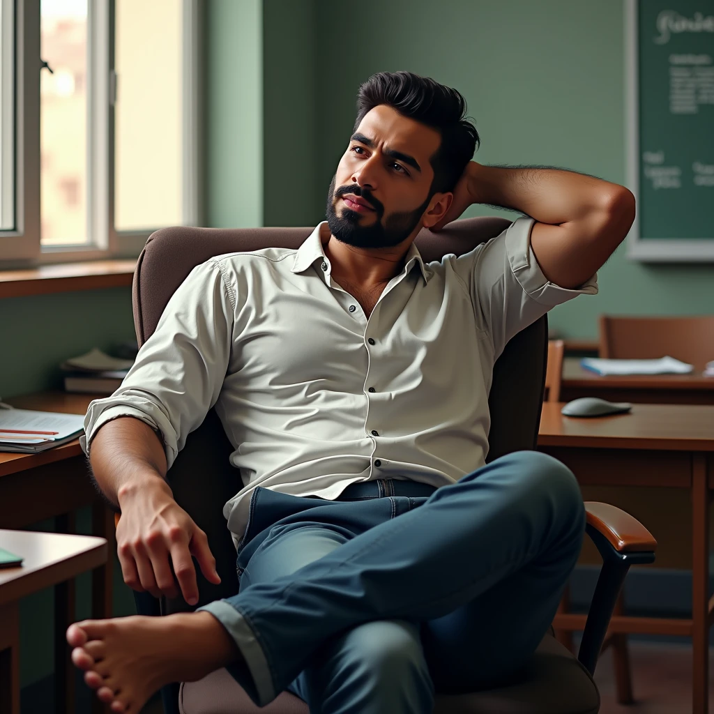 marvel art, a 30 year old iranian attractive fit male teacher, sat on the chair with feet up on the desk relaxing hand behind hear, sweaty armpit, inside class,