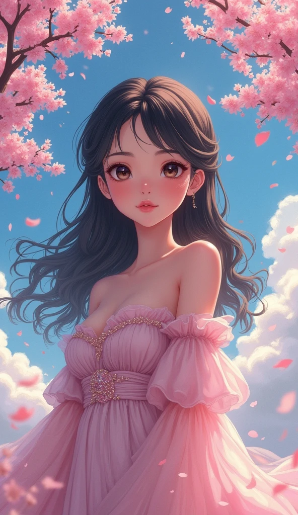 Anime-style masterpiece of Natalie Portman, striking and graceful, large expressive eyes reflecting depth, finely detailed ebony tresses cascading elegantly down her shoulders, delicate features embodying beauty and poise, dressed in an ethereal gown, flowing fabric shimmering in soft pastels, vibrant anime-style color palette enhancing her captivating presence, whimsical fantasy landscape in background, lush cherry blossom trees in full bloom, pastel hued clouds dotting the sky, gentle breeze creating a serene atmosphere, soft light filtering through foliage, scene in a warm glow, focal composition drawing the viewer's eye to her enchanting expression while maintaining a harmonious balance with the dreamy surroundings, sense of motion depicted through flowing garments and cascading hair, evoking emotions of admiration, wonder, and calm, detailed attention to texture and shadow play across her attire and the environment, traditional anime influence blended with modern aesthetics for a timeless appeal, capturing the essence of anime artistry in every stroke, executed in high-resolution digital painting, evoking nostalgia and fantasy simultaneously through its visual narrative