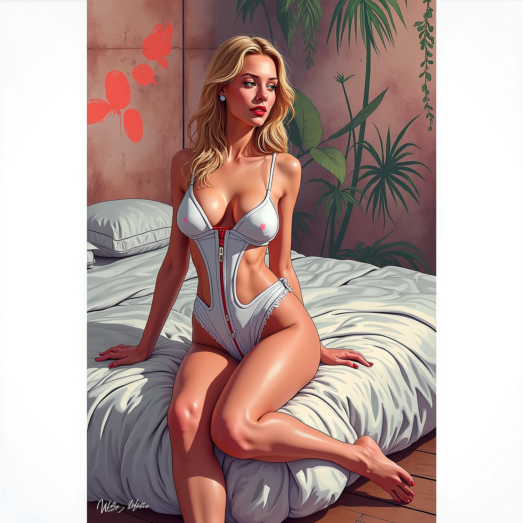 Carte à jouer, style dixit, (8K), Japanese, Canon EOS R5, 35 mm, lips with red lipstick, smile, blonde hair, 20yr old, Ultra-thin mini bikini lingerie, ultra-fine depiction, nipple tips protruding, areola is protruding, pubic shape clearly visible, spread their legs, Bed with white sheets, gigantic cleavage breasts, obvious, The chest overflows from the underwear, Beautiful shaped hands, put on a very tight-fitting monolithic silver Starfleet jumpsuit, in jungle, pop'art