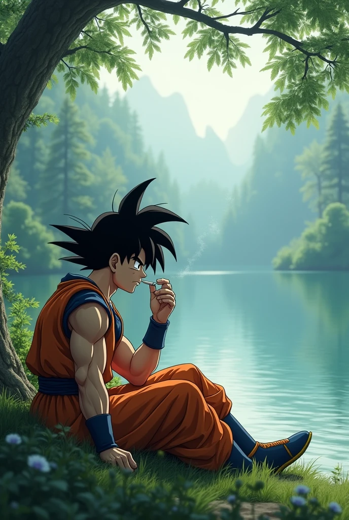 Goku sitting beside lake smoking cigarettes