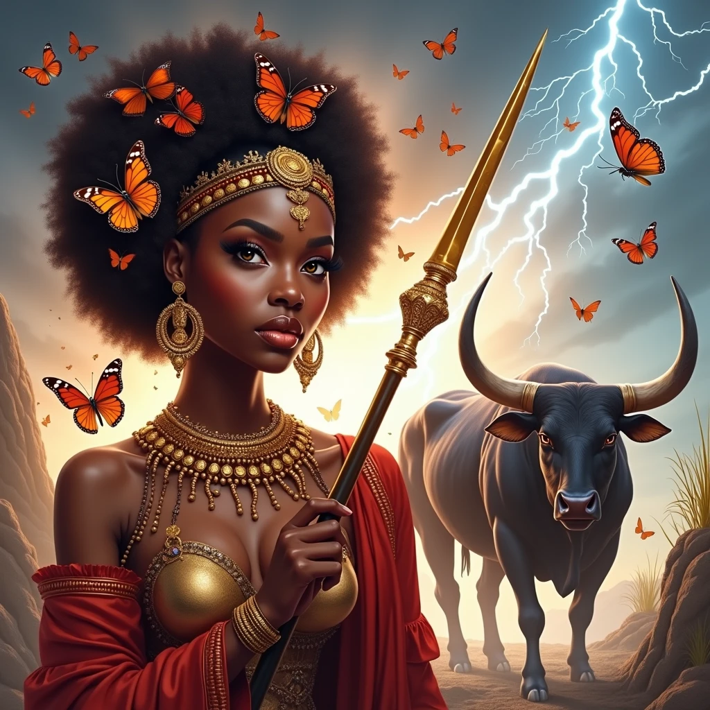 portrait of a woman in a red dress with bulls and butterflies around, african mythology, dark-skinned female goddess of love, Queen African, stunning african princess, Dona africana, black african princess, arte linda, african princess, featured art, Afrocentric mysticism, by Galen Dara, the butterfly goddess of fire, african arts, Stunning works of art, lover domme africana, goddess of lightning, Climatic face, defined hands, semirealistic, holding an epée, rays in the background