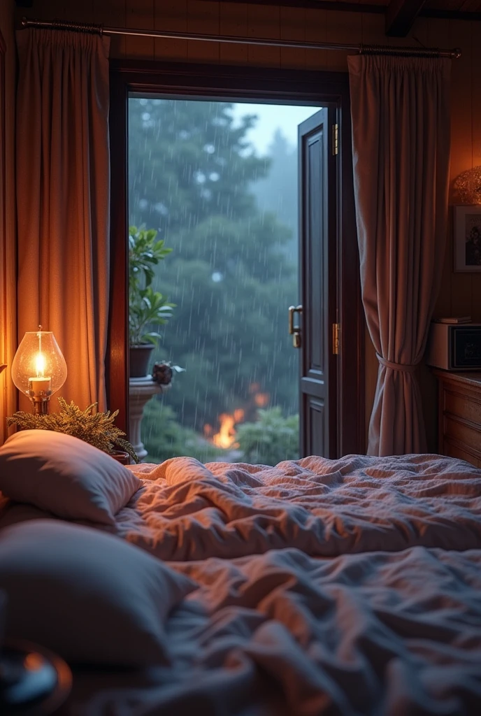 A room has nice mattresses in it and through the door of the room it is raining outside and inside the room there is a fire lit for warmth.