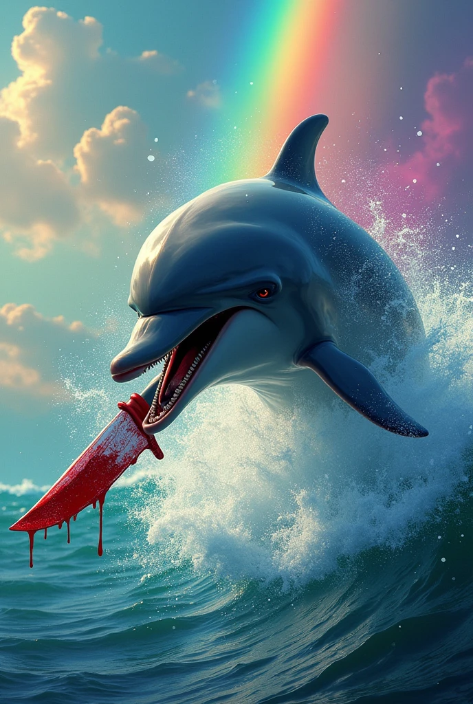An image of an angry dolphin with a knife with blood, out in the sea with lots of colors and rainbows and flying with lots of colors