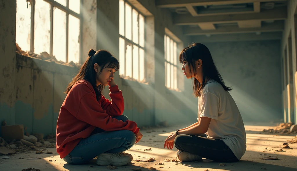 background abandoned building. at the morning. one girl wearing red jacket with blue jeans. and sitting at the ground and holding his head. another chinese girl wearing casual outfit with black jeans and whiter shirt. talking each other