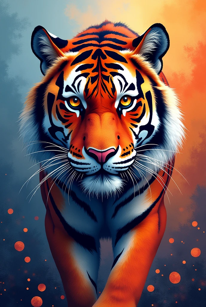 Image of an abstract tiger with many colors that looks aesthetically beautiful to put in a painting, that is not hyper realistic but not completely animated either