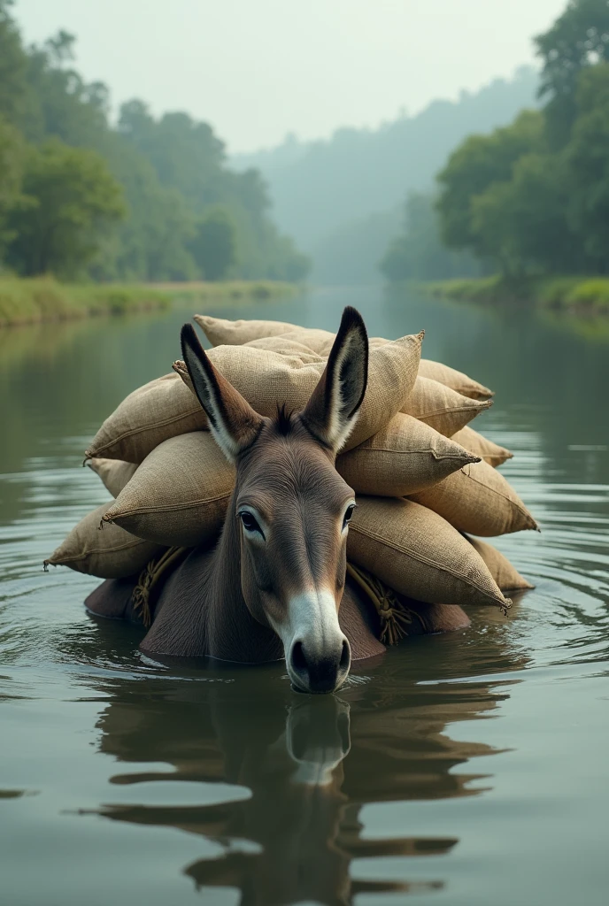 A donkey with many sacks on his back A donkey is lying in a big river with sacks