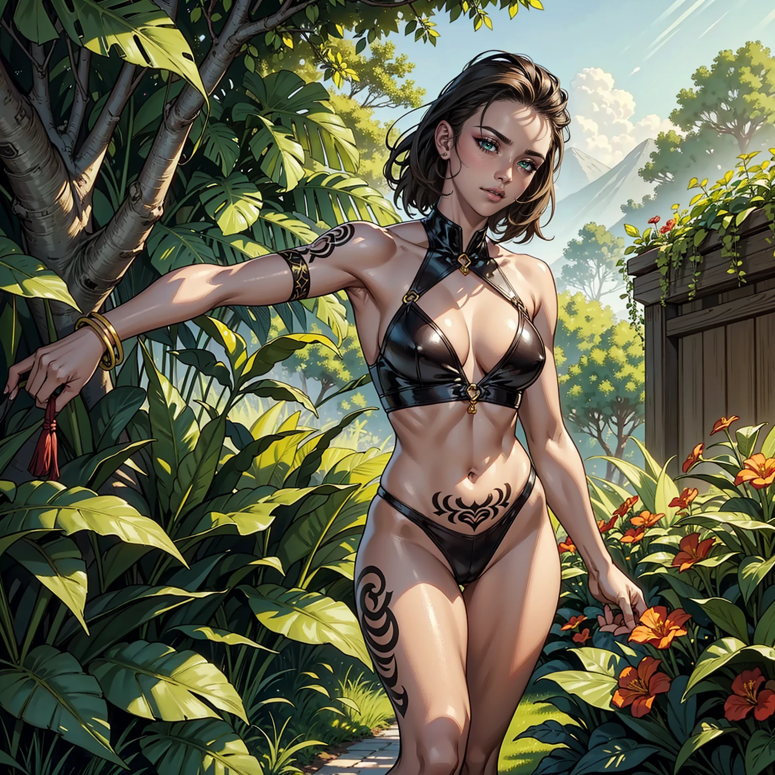 Masterpiece, best quality, 4k, Insanely Definition, uncensored, rating explicit, full body, Light brunette thick lips shaved head slim athletic,dark-skinned,beautiful detailed lips,shaved head,slim athletic build,sensual gaze,strong jawline,tattooed arms,dressed in a stylish outfit,standing confidently in a tropical garden,with vibrant green foliage and colorful flowers,soft sunlight casting a warm glow on the scene,emphasizing the rich hues of the surroundings,perfectly capturing the essence of natural beauty,highlighting the strength and grace of the subject,with a sense of tranquility and serenity,exuding a calm and confident aura,immersed in a peaceful atmosphere,conveying a feeling of self-assurance and empowerment,a striking contrast between the dark skin tone and the vibrant colors of the environment.