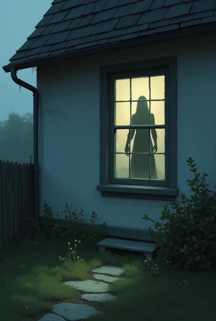 a shadow in the window of the painting, as if someone was inside the painted house.