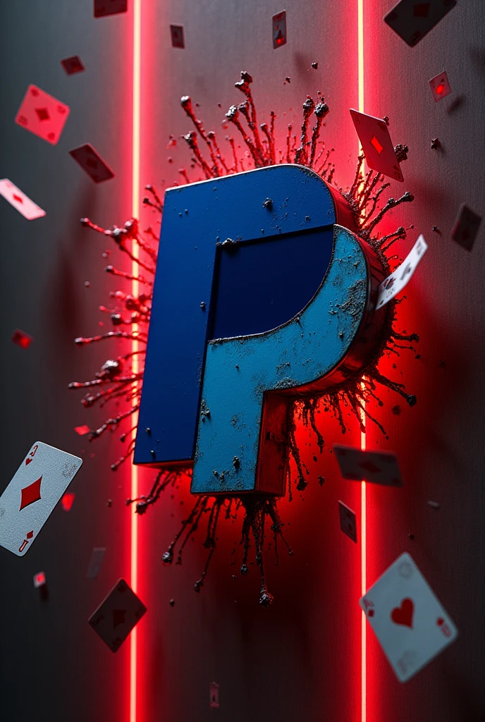 Dirty and toxic PayPal logo on a dark and red neon wall with playing cards flying around