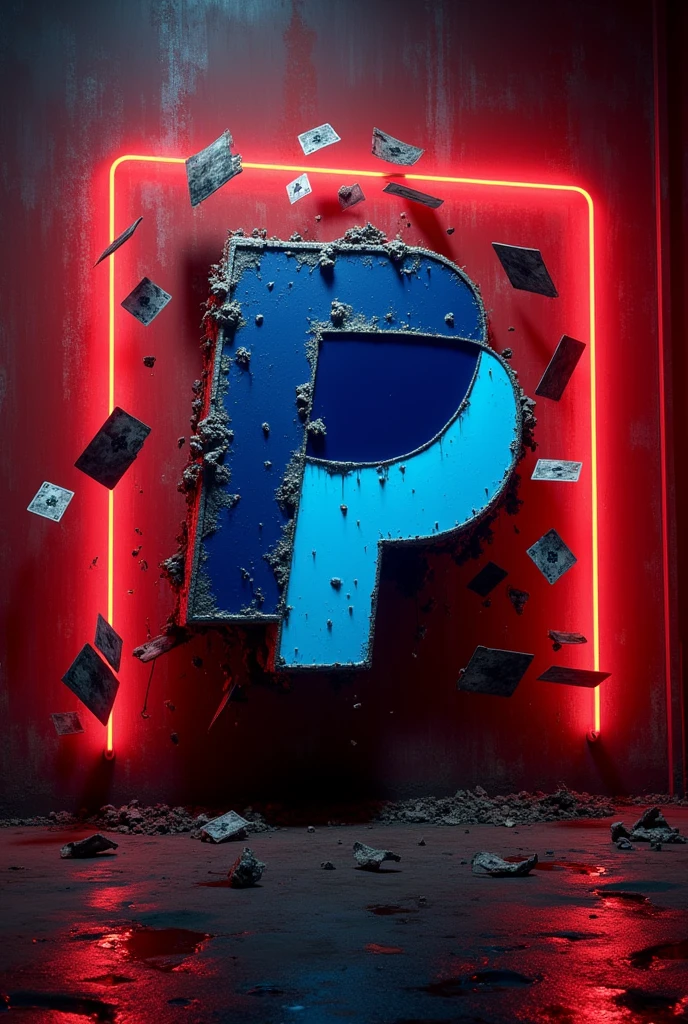 Dirty and toxic PayPal logo on a dark and red neon wall with playing cards flying around