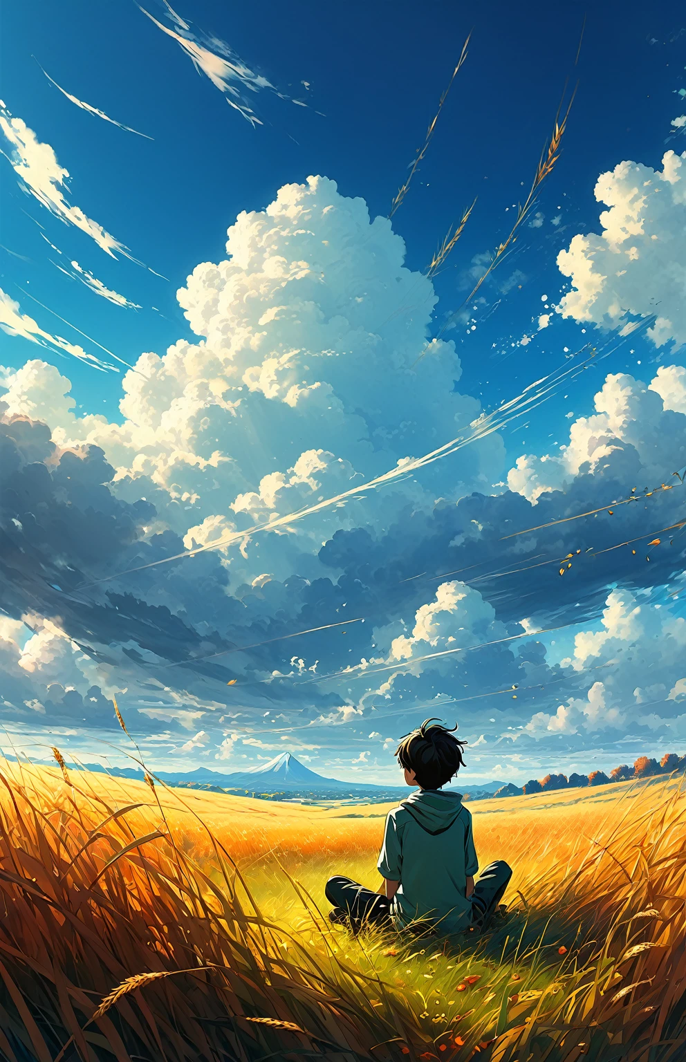 a boy sitting on a cloudy autumn meadow, seeing a vast sky, tall grasses, cloudy sky, makoto shinkai cyril rolando, anime art wallpaper 4k, anime art wallpaper 4k, animated background, anime art wallpaper 8k, animated background art, Anime Landscape Wallpaper, amazing wallpaper, hd wallpaper, 4k anime wallpaper, 4k anime wallpaper, Aries Moross art,art by Bob Byerley , AshleyWoodArtAI, Greg Rutkowski